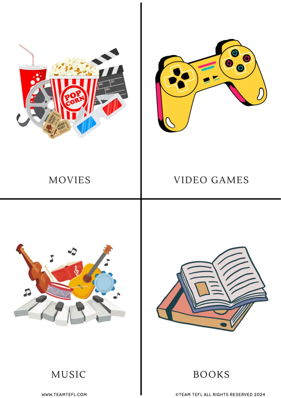 Media vocabulary flashcards 9–12: movies, video games, music, and books, each illustrated with related objects