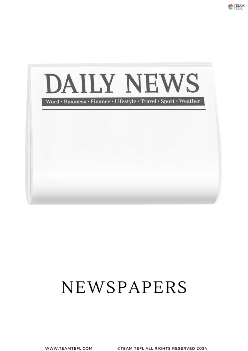 Full-page newspapers vocabulary flashcard from the media set, showing a newspaper headed 'Daily News'