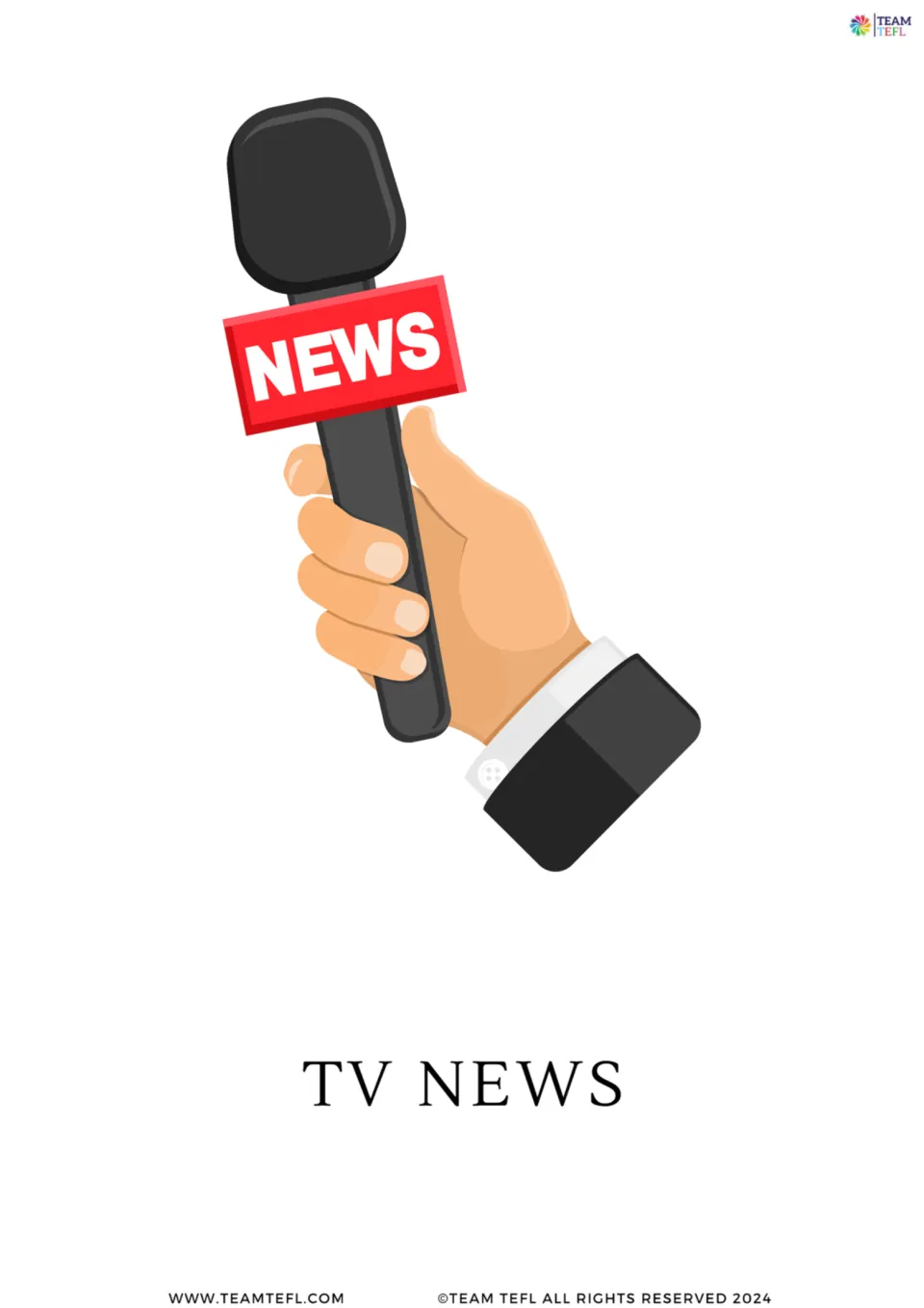 Full-page TV news vocabulary flashcard from the media set, showing a hand holding a microphone marked 'News'