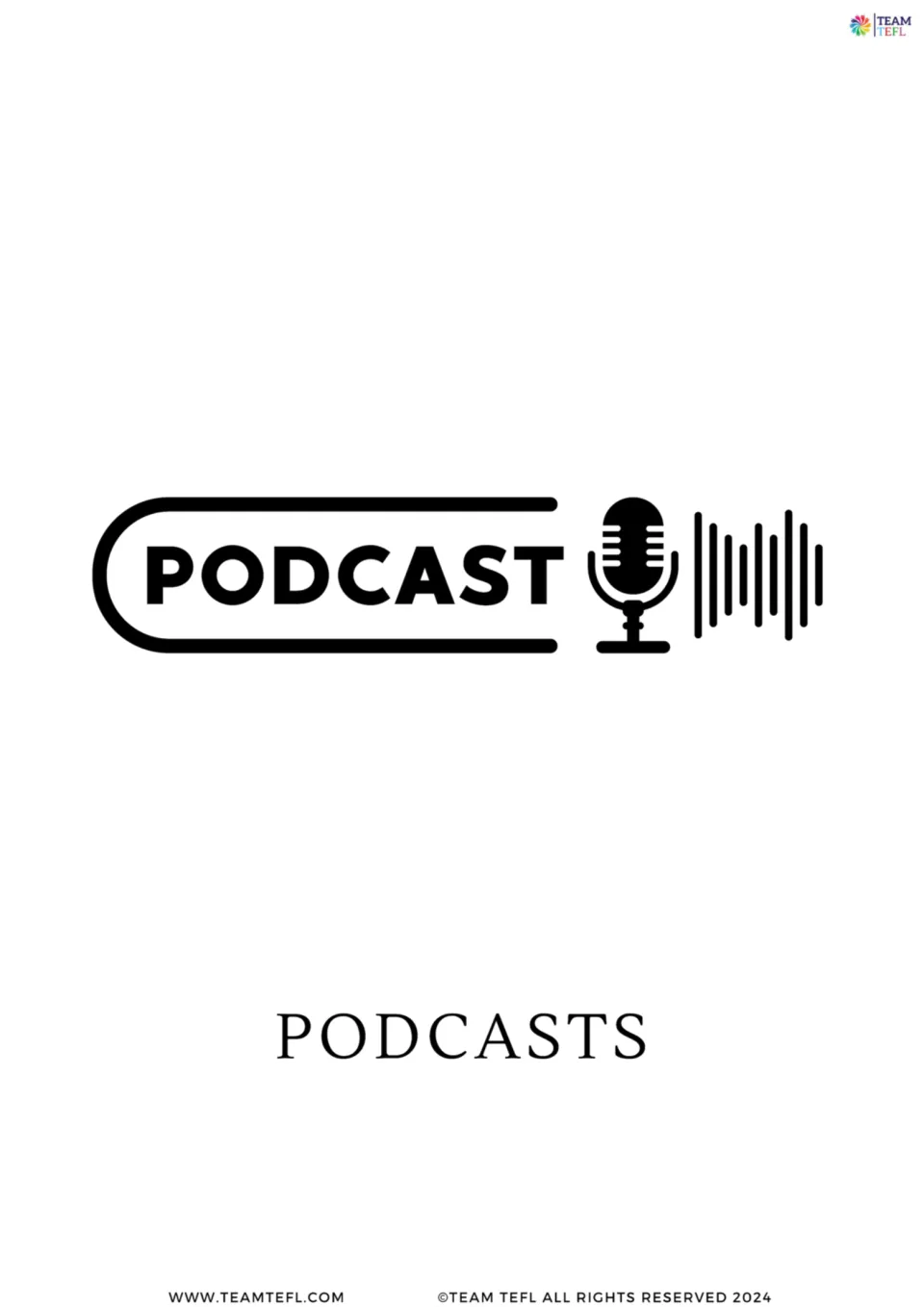 Full-page podcasts vocabulary flashcard from the media set, showing 'Podcast' beside a microphone and sound waves