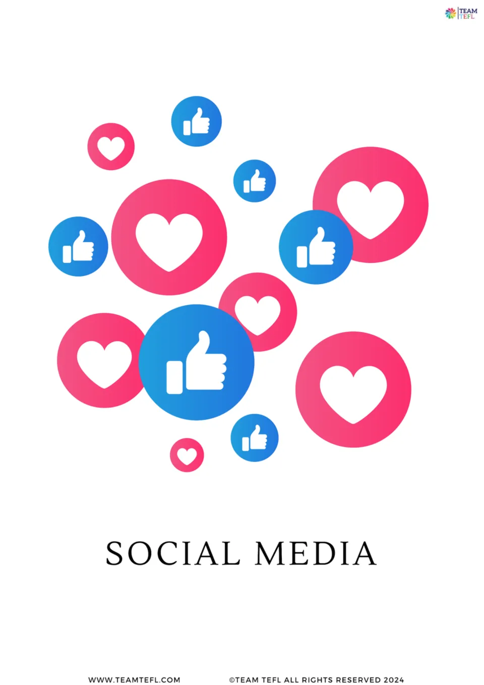 Full-page social media vocabulary flashcard from the media set, illustrated with heart and thumbs-up reactions