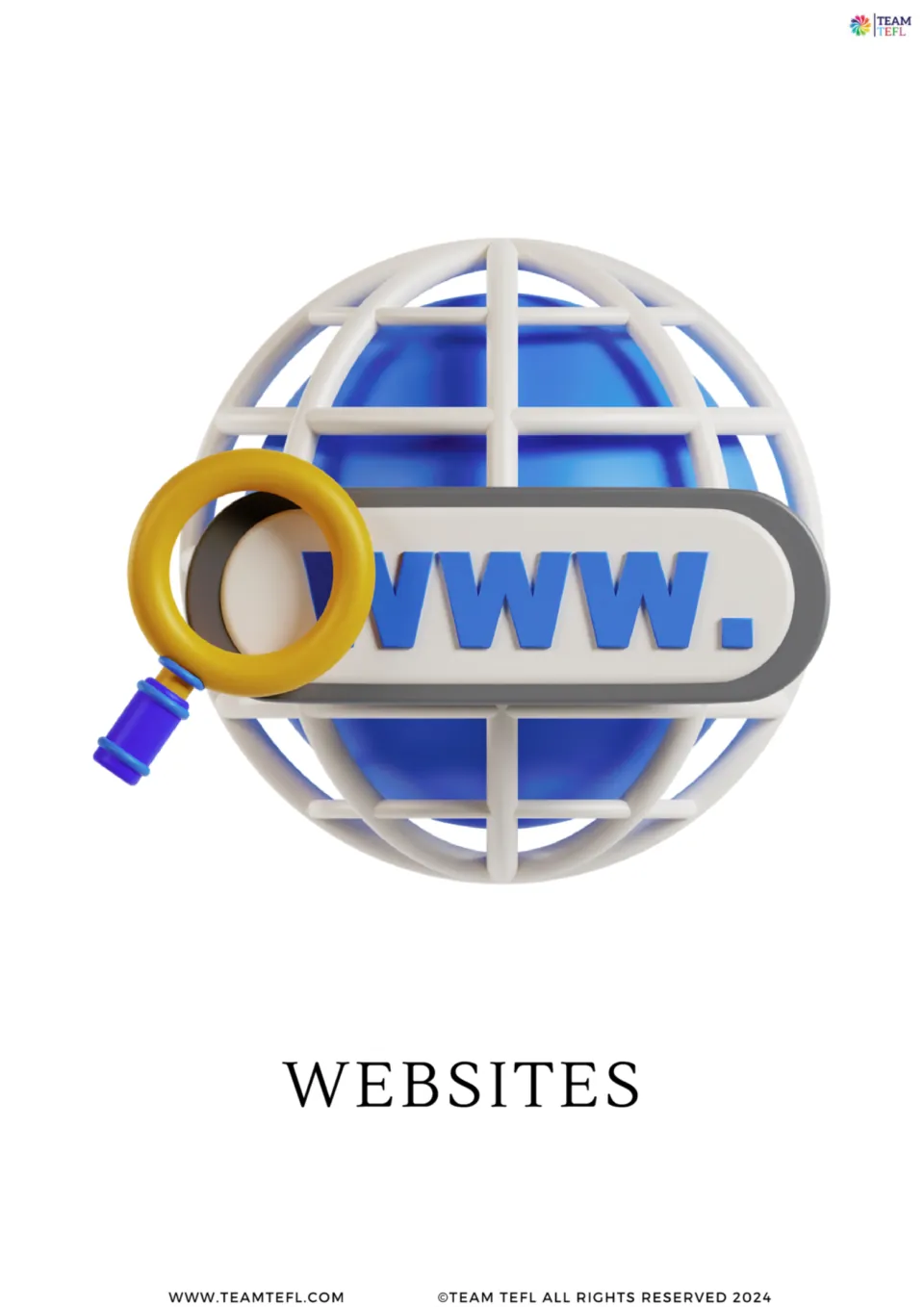 Full-page websites vocabulary flashcard from the media set, showing a globe, 'WWW.', and a magnifying glass