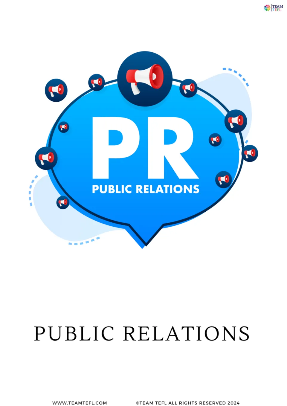 Full-page public relations vocabulary flashcard from the media set, showing 'PR Public Relations' and megaphones