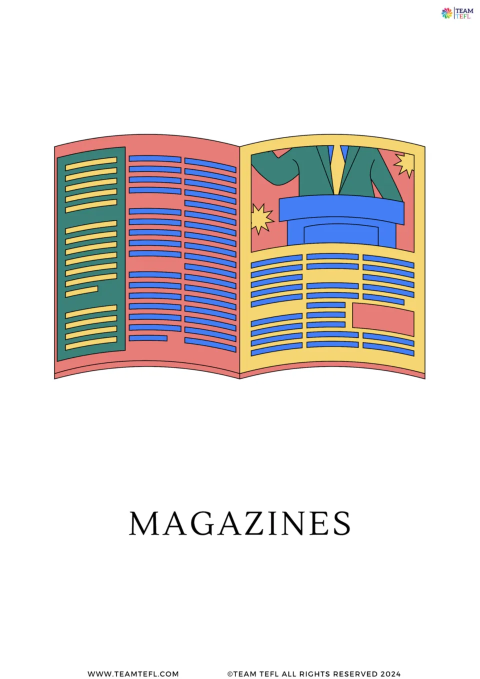 Full-page magazines vocabulary flashcard from the media set, showing an open magazine with illustrated articles