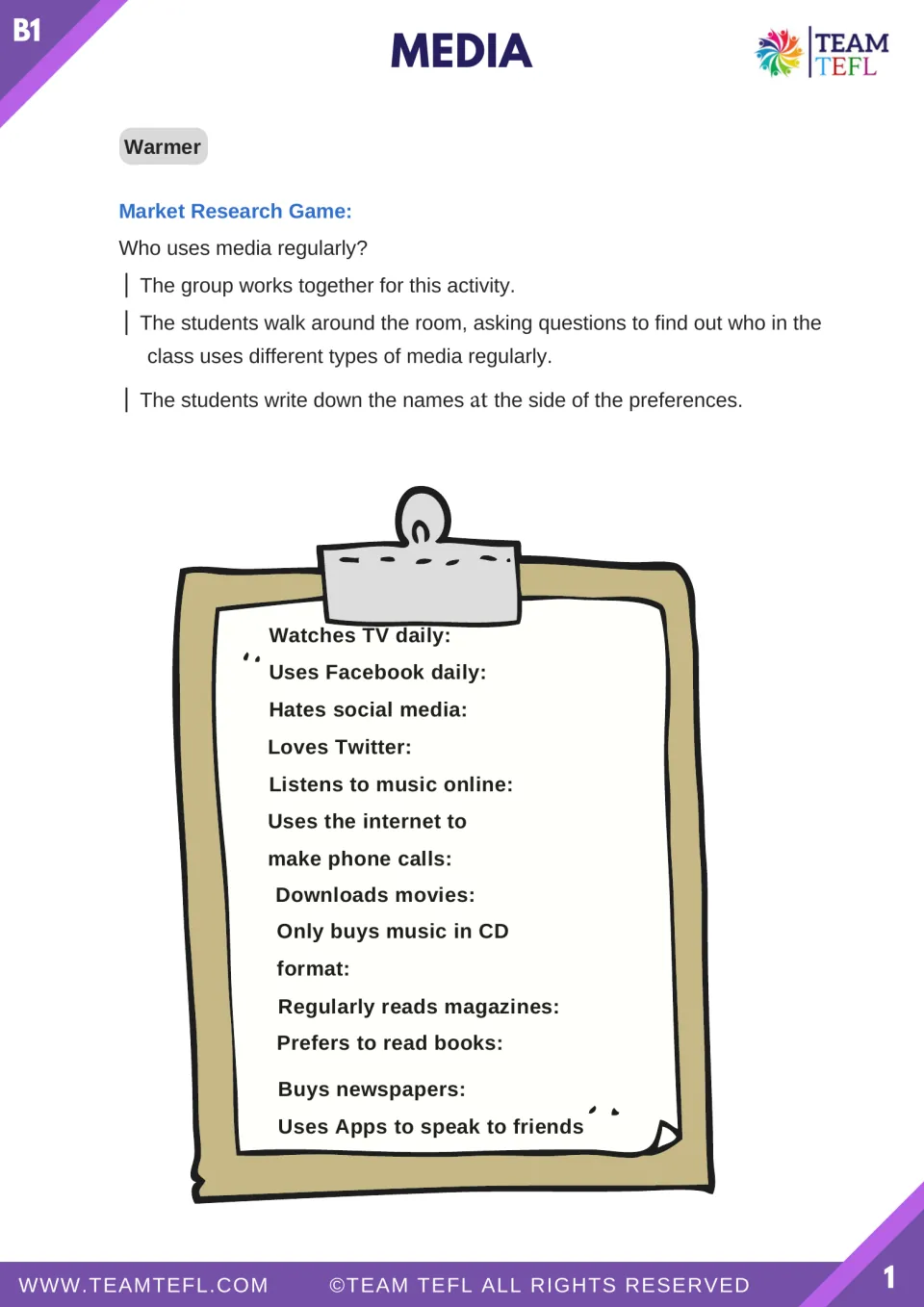 Media lesson warmer: a market research game asking classmates about TV, social media, music, and news habits