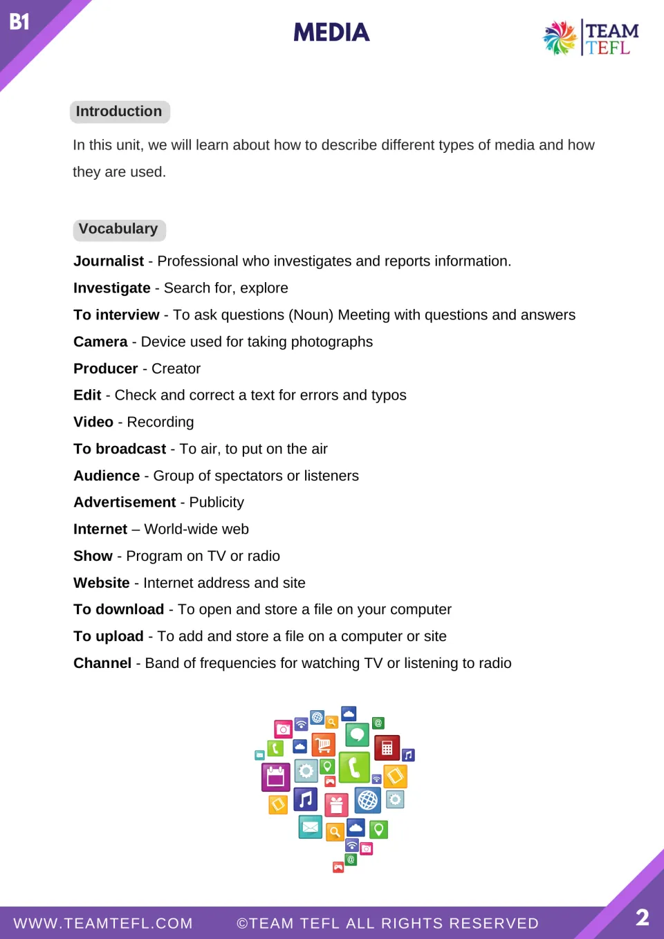 Lesson introduction and 16 media vocabulary definitions, including journalist, broadcast, upload, and channel