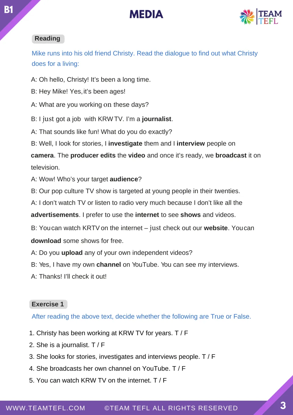 Reading dialogue about Christy's work as a journalist, followed by five true-or-false comprehension statements
