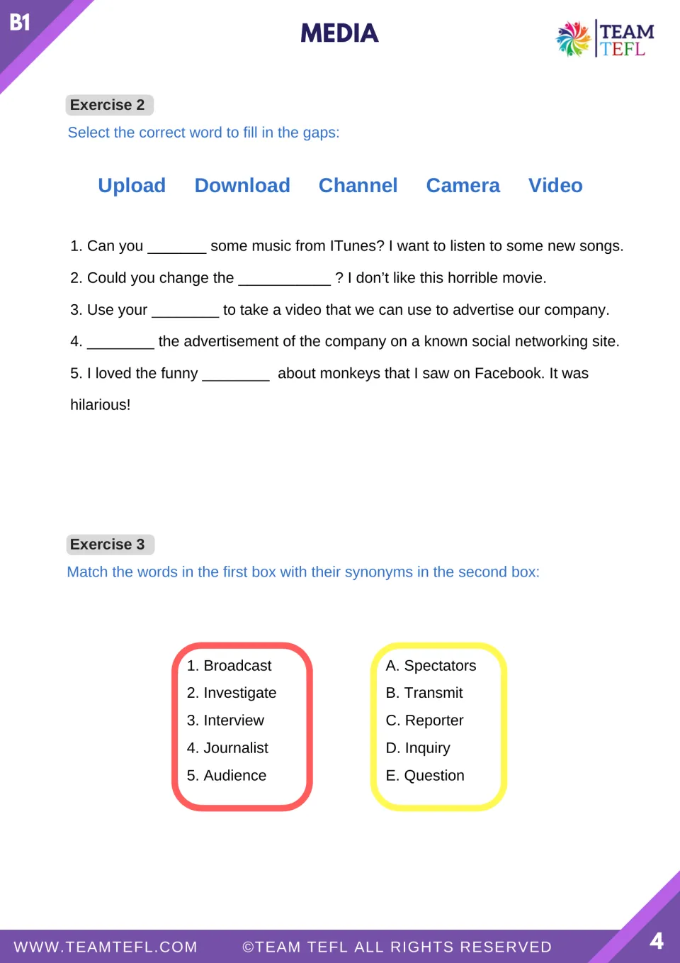 Media vocabulary practice: five gap-fill sentences using upload, download, and more, plus five synonym matches