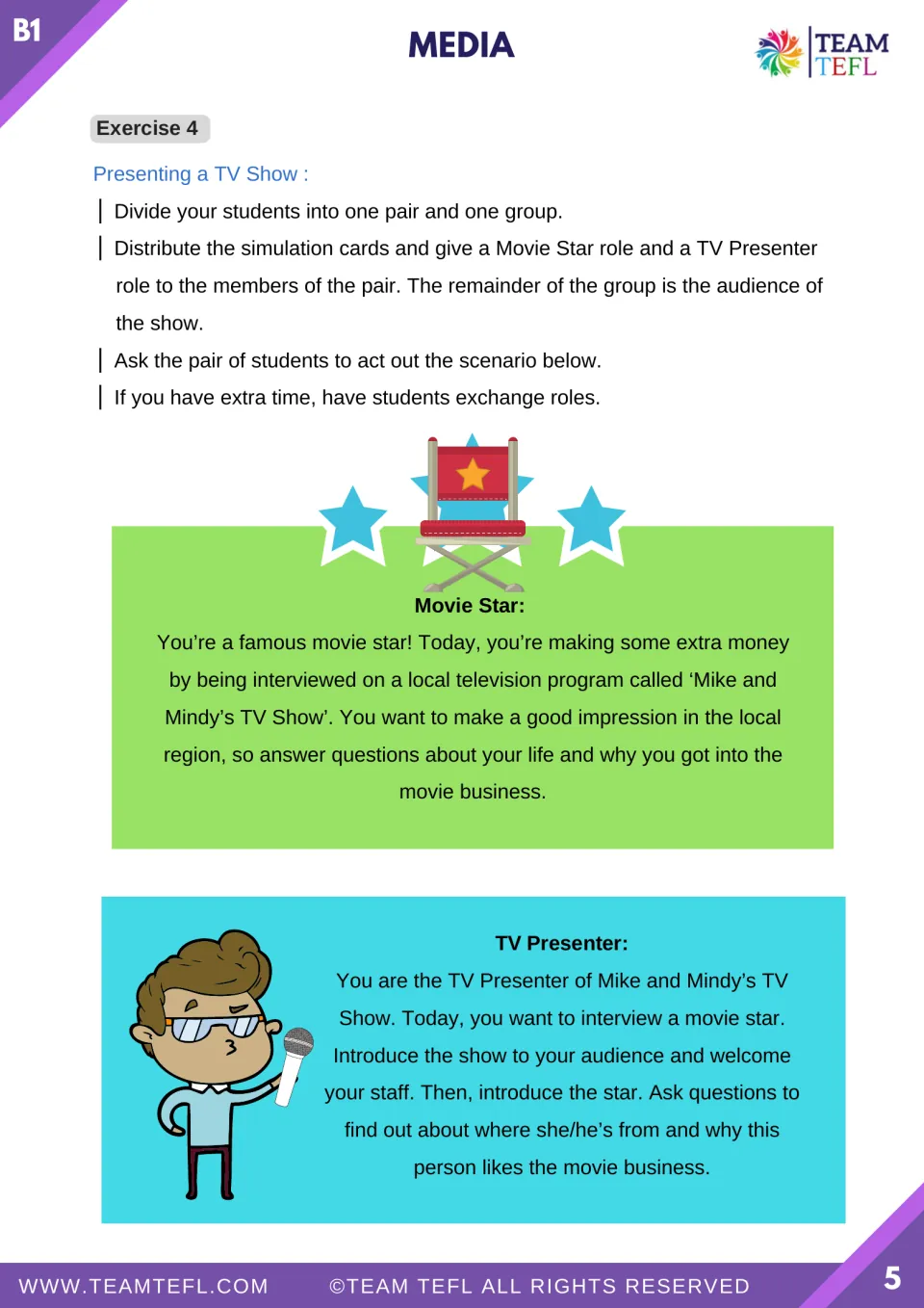 TV show role-play instructions and two role cards for a movie star and TV presenter conducting an interview