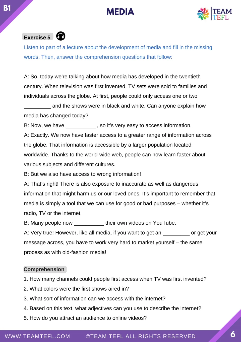 Listening exercise on media development, with four missing words and five questions about TV and the internet