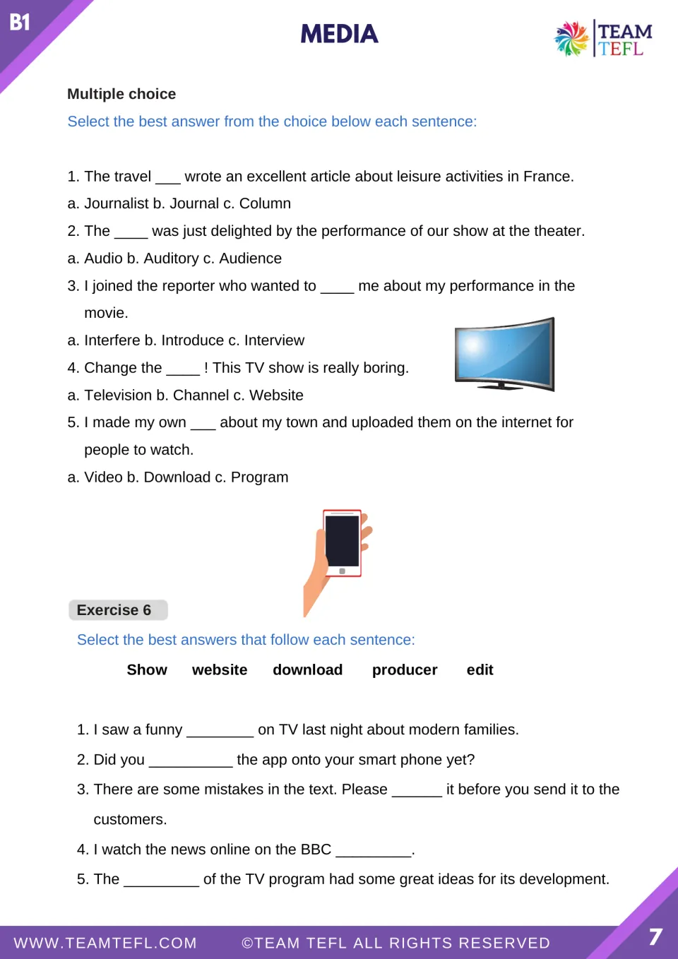 Media vocabulary review with five multiple-choice questions and five gap-fill sentences in Exercise 6