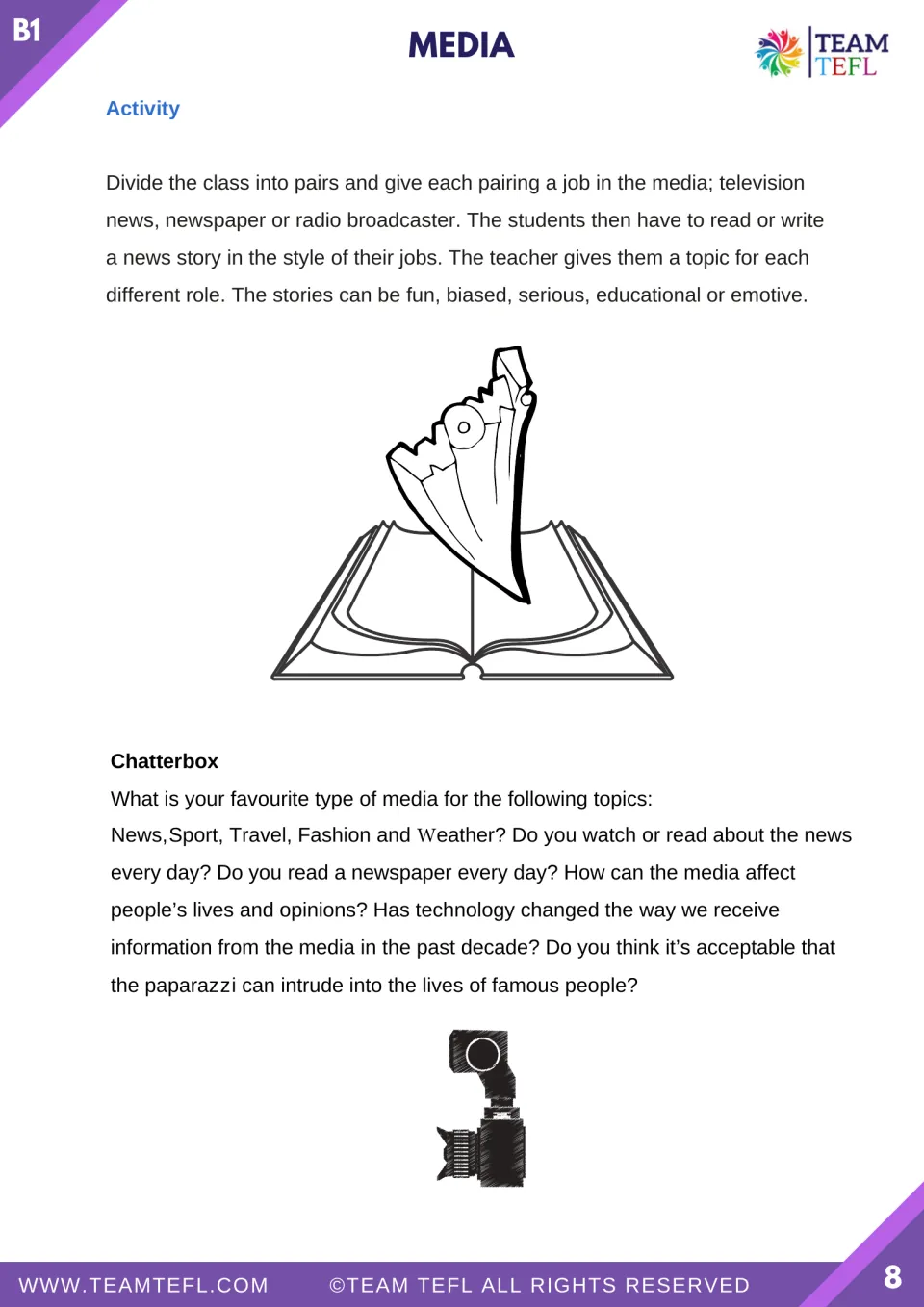 Paired news reporting activity and discussion prompts about media preferences, influence, and celebrity privacy