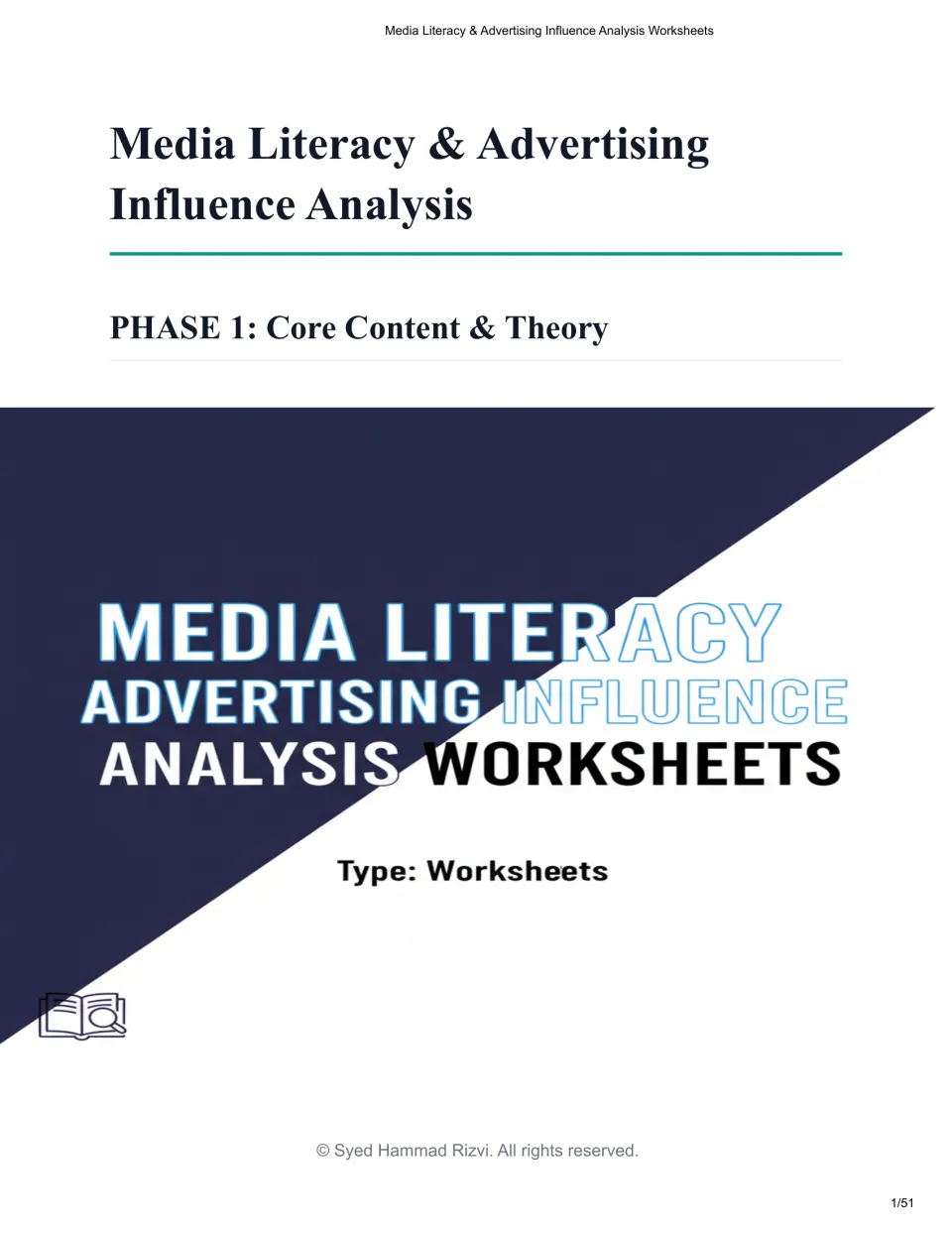 Media Literacy & Advertising Influence Analysis Worksheets cover introducing Phase 1: Core Content & Theory
