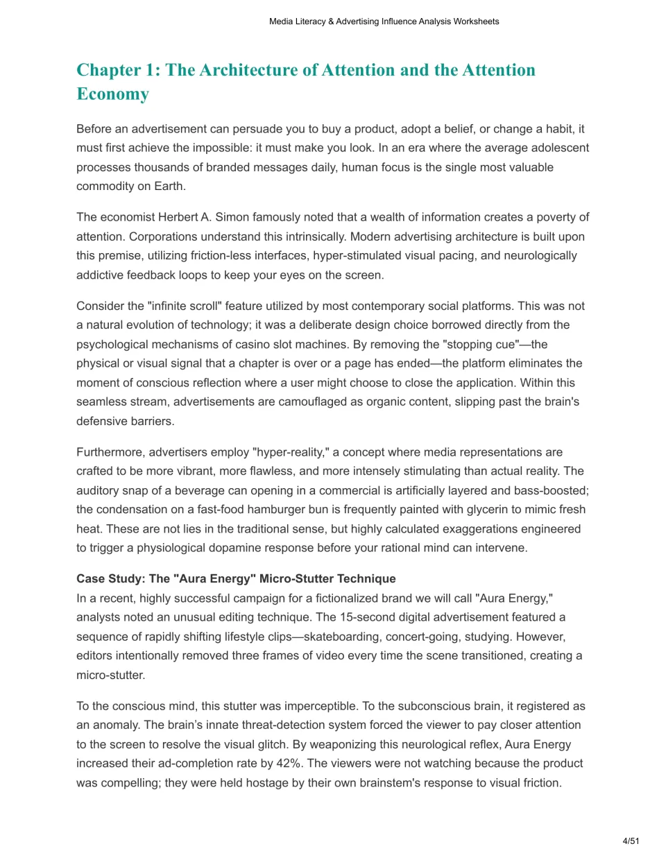 Chapter 1 reading on the attention economy, infinite scroll, hyper-reality, and an Aura Energy case study