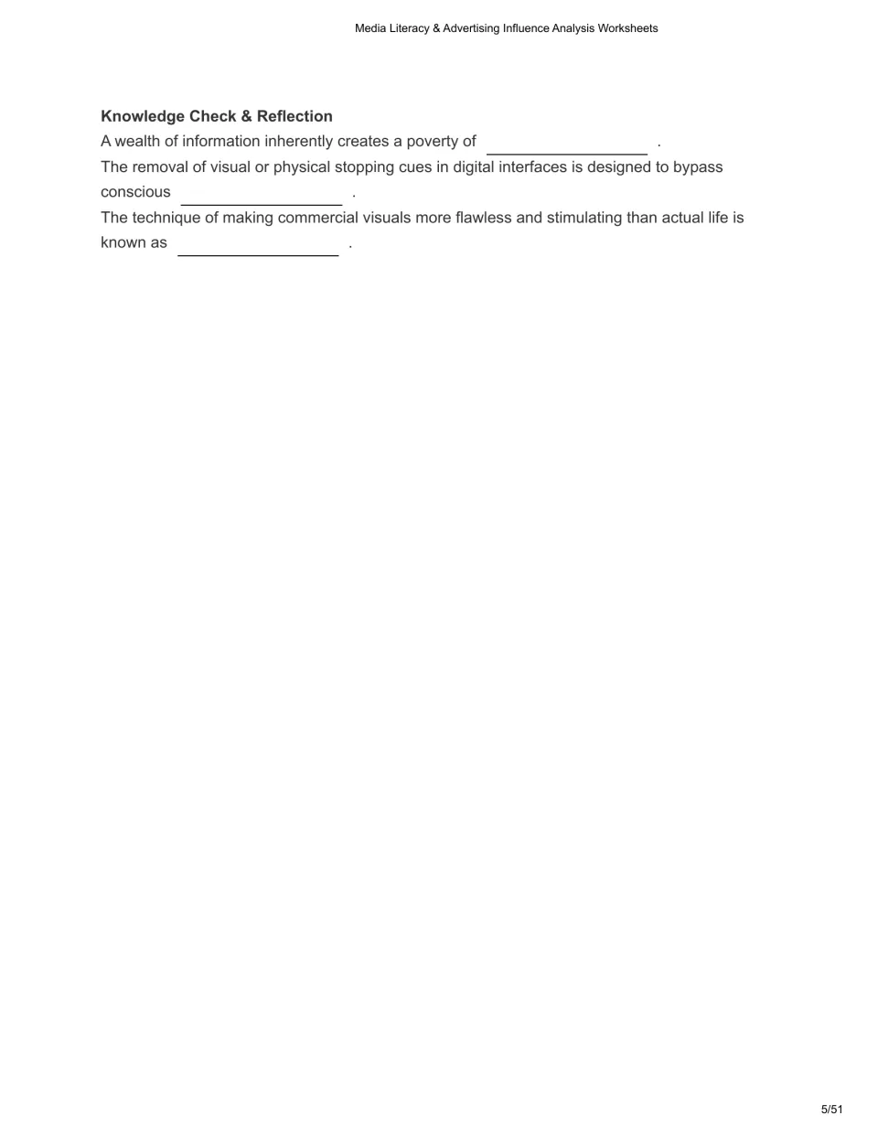 Chapter 1 knowledge check asks students to recall attention scarcity, conscious reflection, and hyper-reality