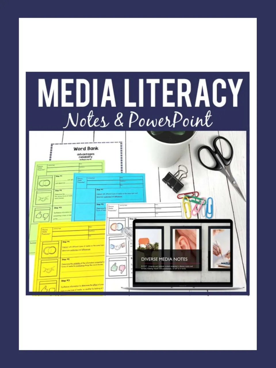 Media Literacy Notes + PowerPoint cover showing differentiated student notes and a Diverse Media Notes slide