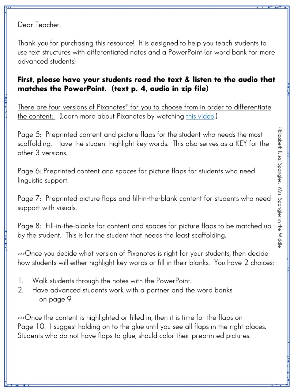 Teacher directions explain four differentiated Pixanotes versions, PowerPoint use, word banks, and picture flaps
