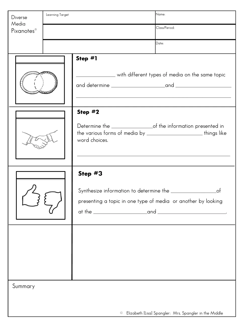 Diverse Media fill-in notes pair comparison, reliability, and media effects prompts with preprinted pictures