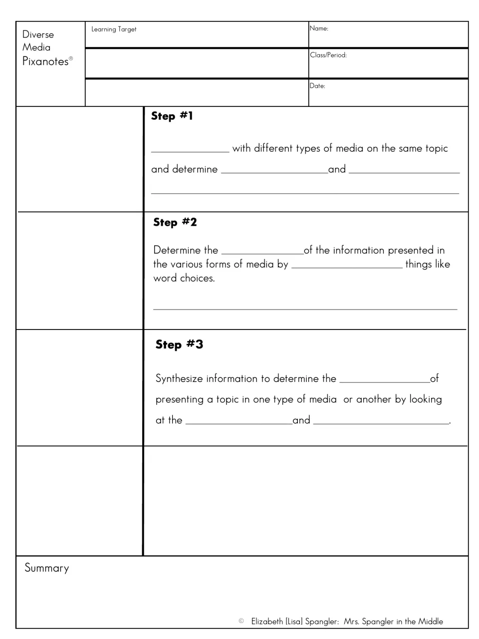 Diverse Media fill-in notes ask students to compare media, evaluate reliability, and weigh media effects