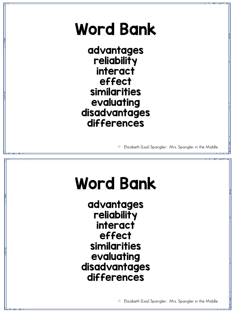 Two identical word banks for media notes list advantages, reliability, interact, effect, and four more terms