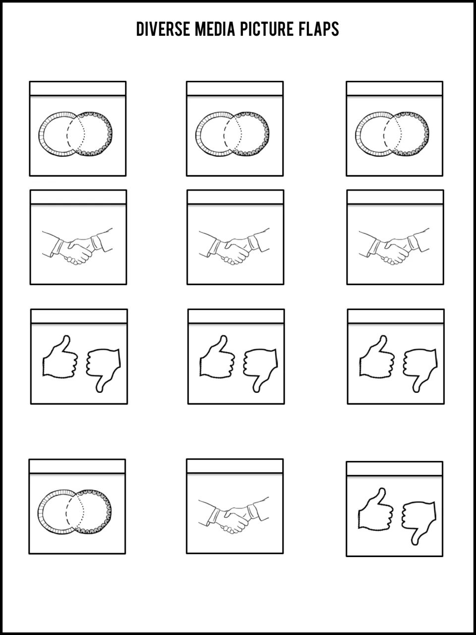 Twelve picture flaps for media notes: four each of overlapping circles, a handshake, and thumbs up and down