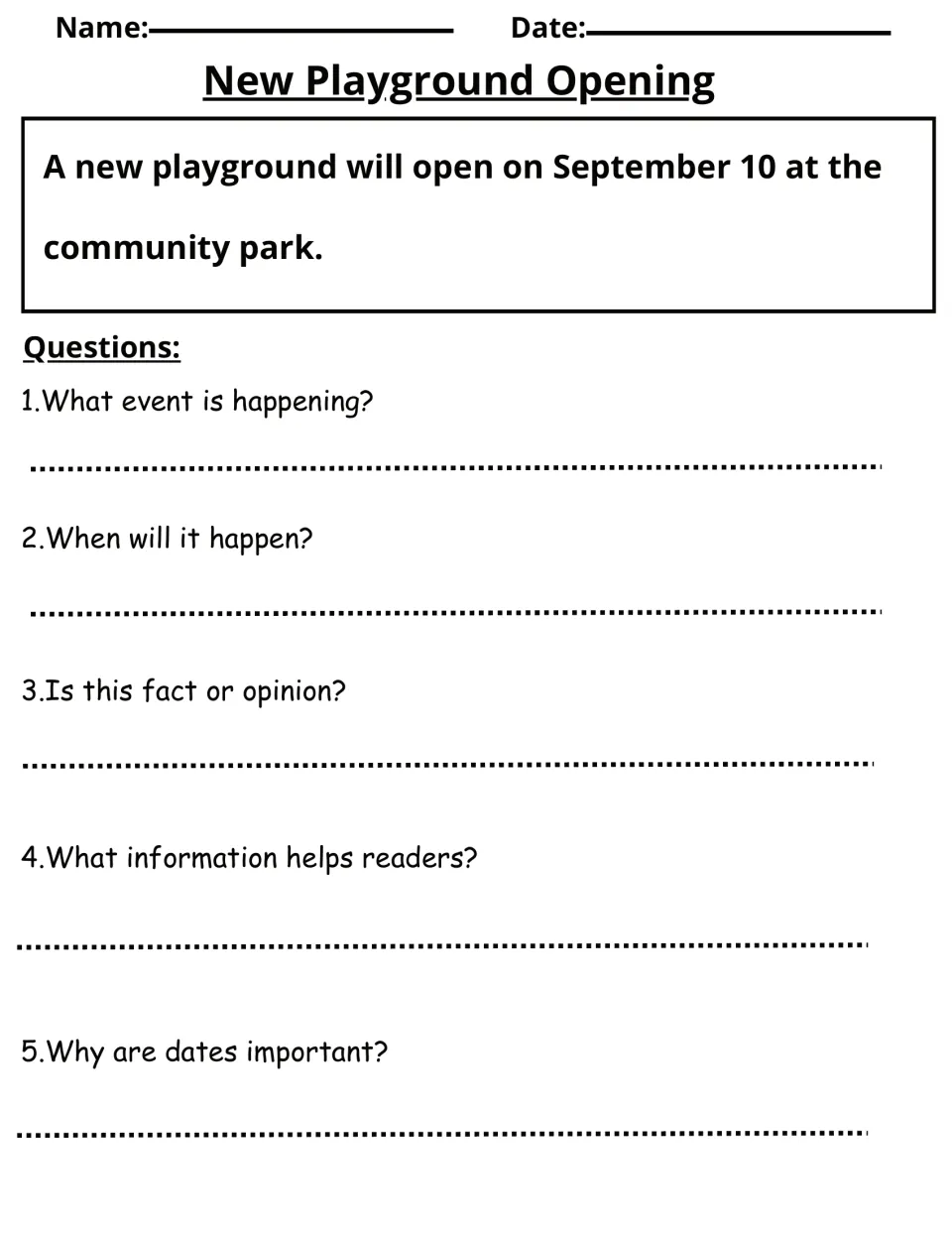 New Playground Opening: students read a September 10 park opening notice and explain the event, date and why dates matter