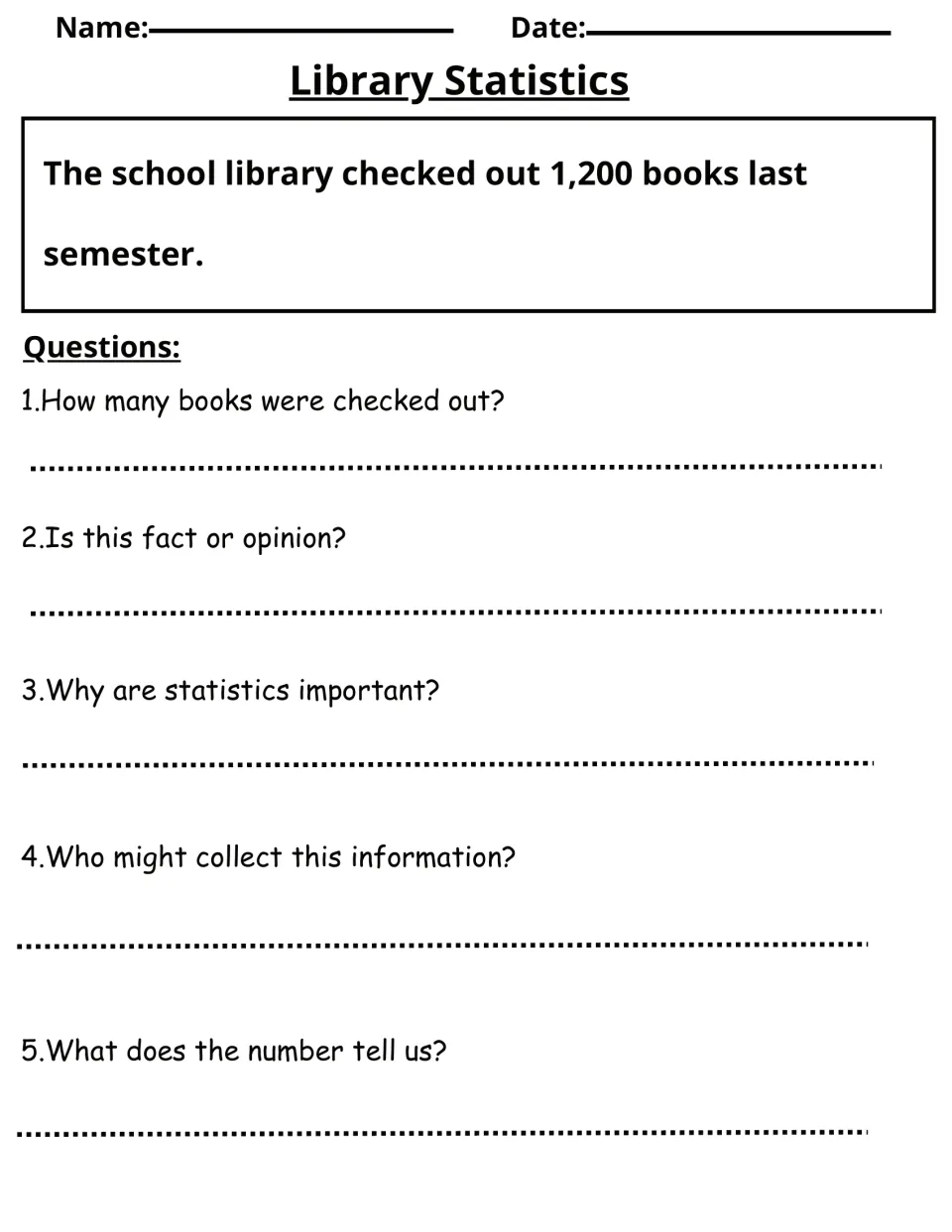 Library Statistics: students read that 1,200 books were checked out last semester and explain what the number shows