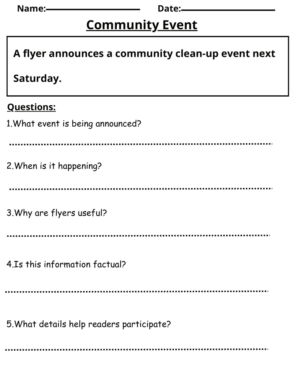 Community Event: students read a flyer for a clean-up next Saturday and identify the event, its timing and useful details