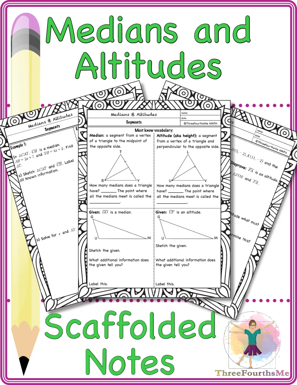 Cover of Medians and Altitudes Scaffolded Notes, showing sample vocabulary, triangle diagrams, and examples