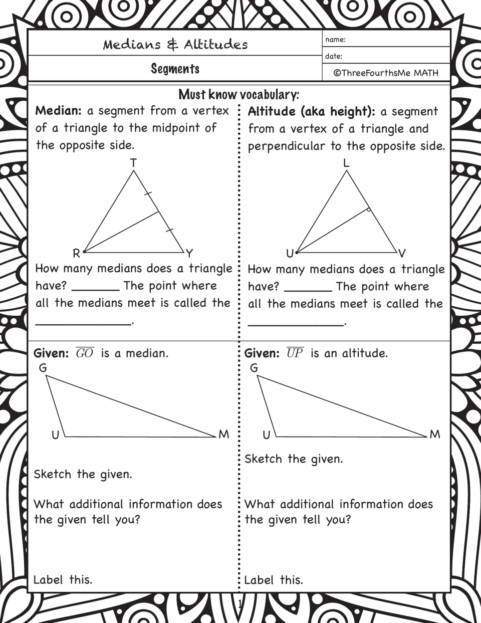 Notes page 1: median and altitude definitions, triangle diagrams, and prompts to sketch and label segments