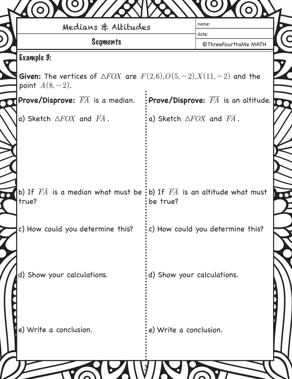 Notes page 3: use F(2, 6), O(5, −2), X(11, −2), and A(8, −2) to test whether FA is a median or altitude