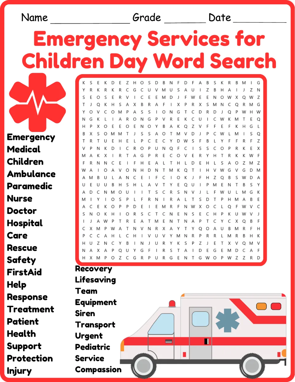 Color version of the 30-word emergency services word search, including ambulance, paramedic, and pediatric.