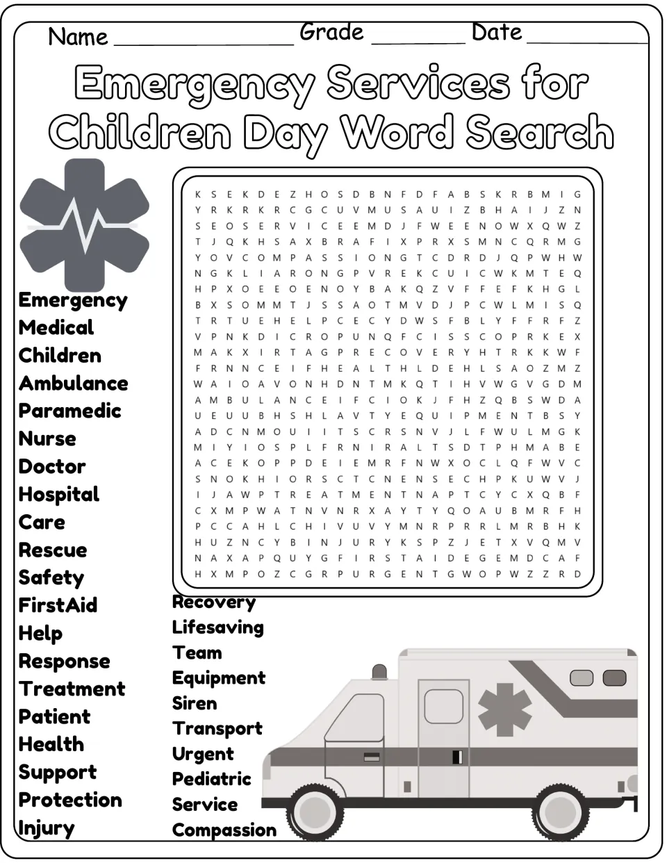 Black-and-white version of the same 30-word emergency services word search, including rescue and safety.