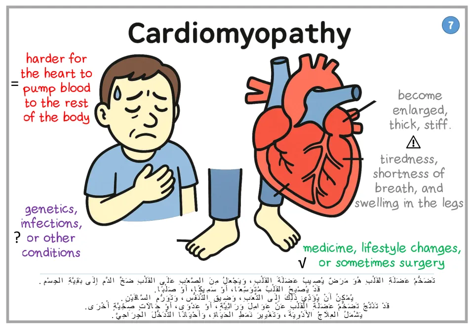 Cardiomyopathy poster 7: difficulty pumping blood, heart muscle changes and symptoms, with Arabic text