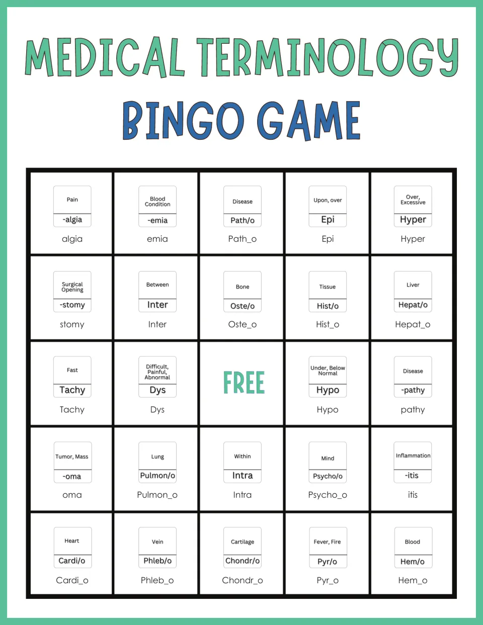 Medical word-part bingo card: students mark 24 prefixes, suffixes and roots shown with meanings; top row -algia to Hyper