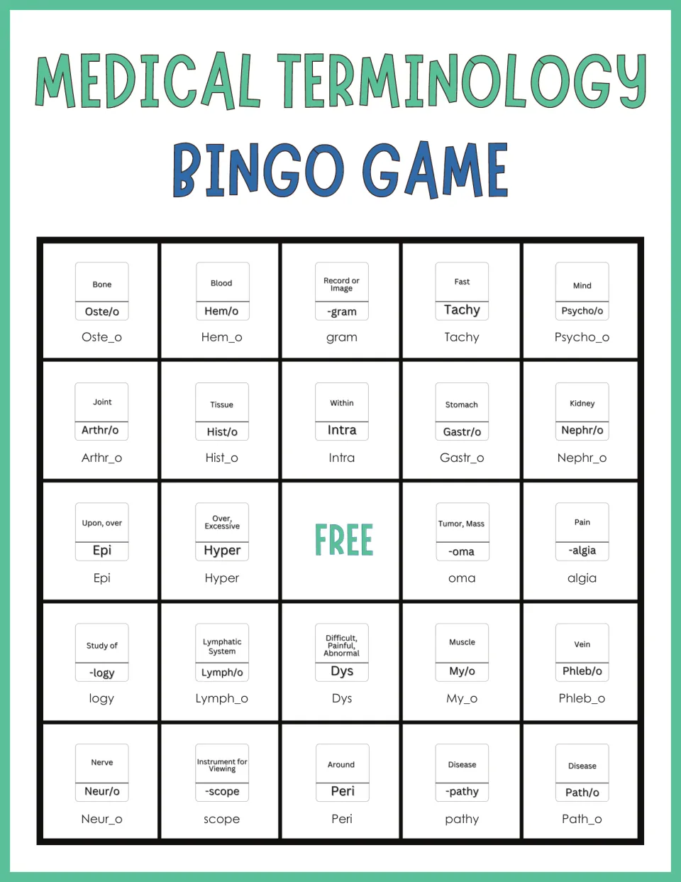 Medical terms bingo card pairing each word part with its meaning, top row Oste/o, Hem/o, -gram, Tachy, Psycho/o, plus FREE