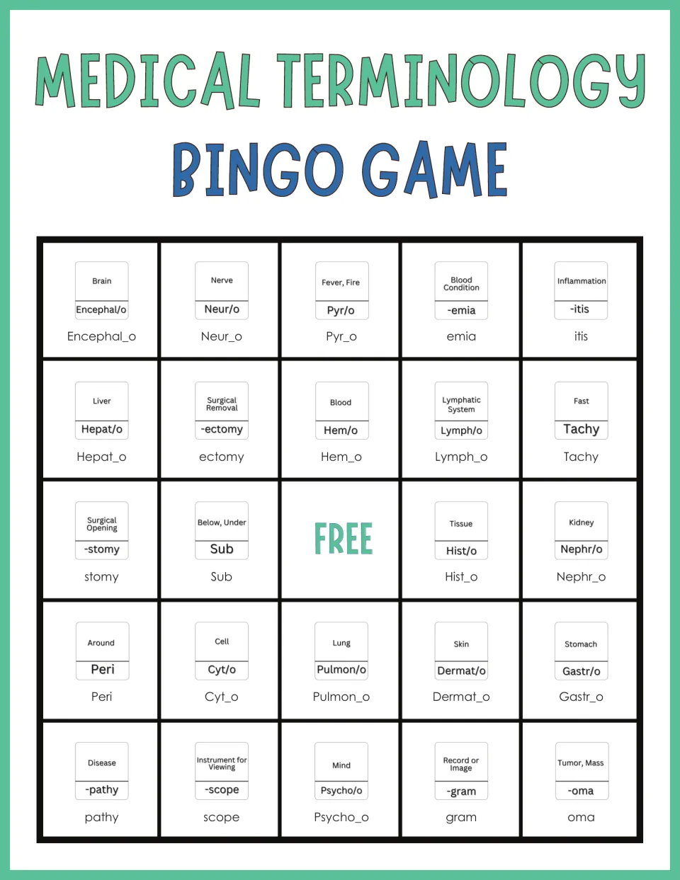 Word-part bingo card for medical vocabulary review, opening with Encephal/o (Brain), Neur/o, Pyr/o, -emia and -itis