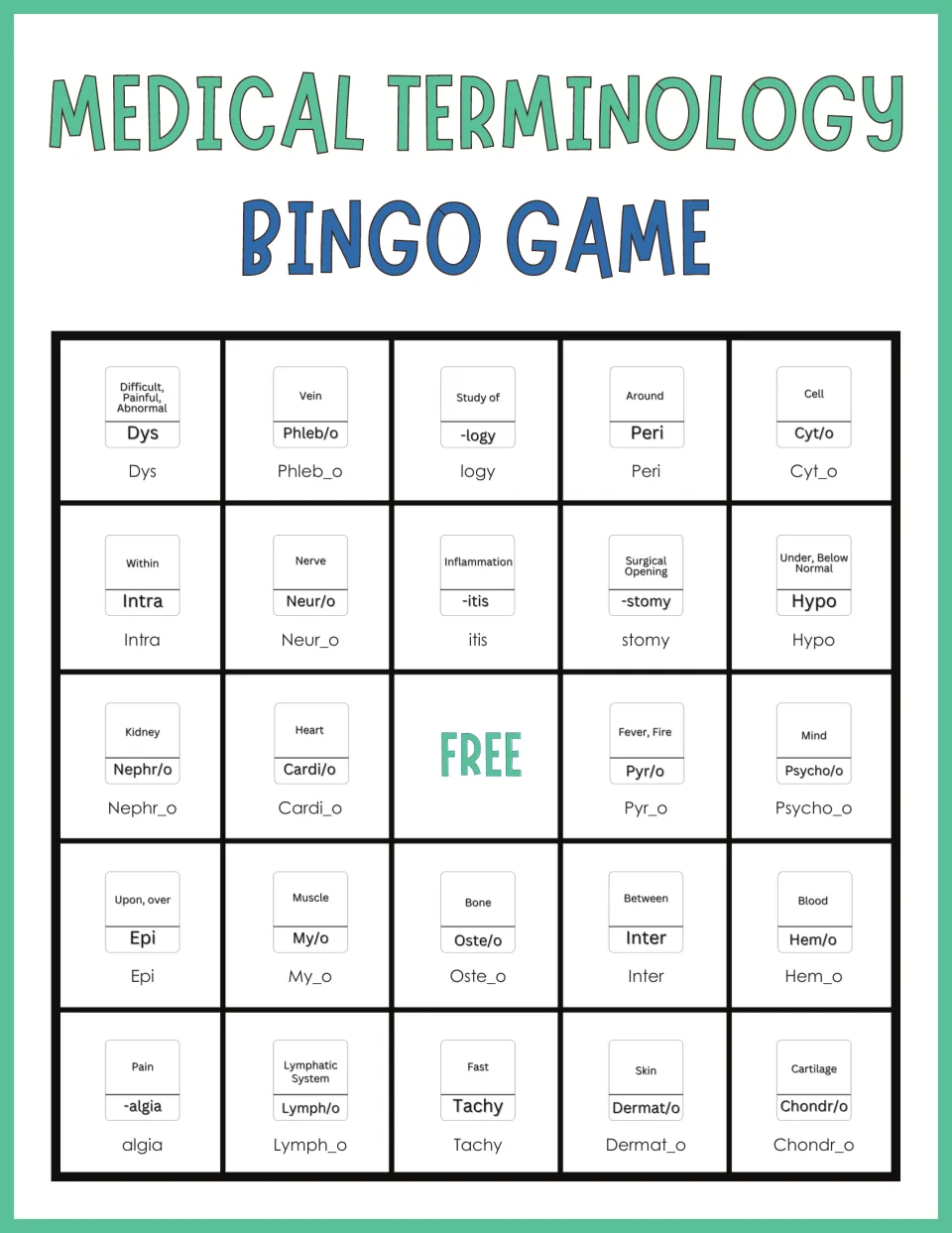 Bingo card of medical word parts such as Dys, Phleb/o, -logy, Peri and Cyt/o, each labeled with its meaning