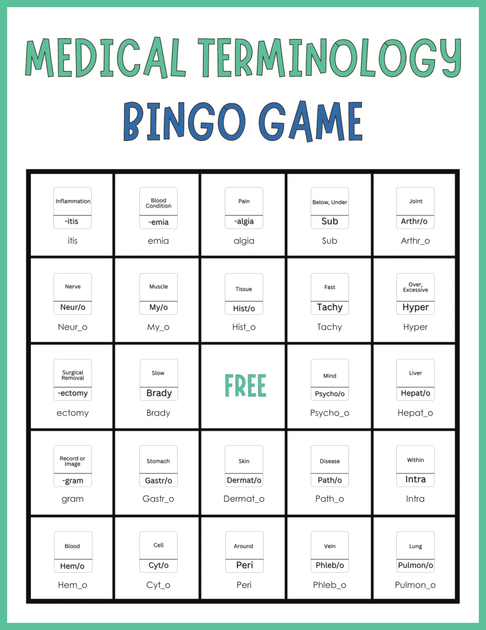 Medical terminology bingo card starting with -itis, -emia, -algia, Sub and Arthr/o; includes Brady (Slow) beside FREE