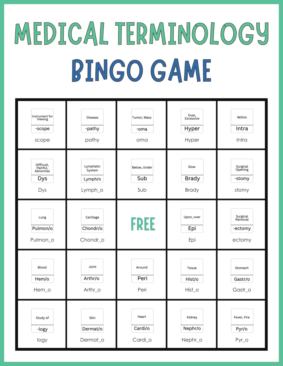 Bingo card practicing suffixes and prefixes like -scope, -pathy, -oma, Hyper and Intra, each with its meaning above it