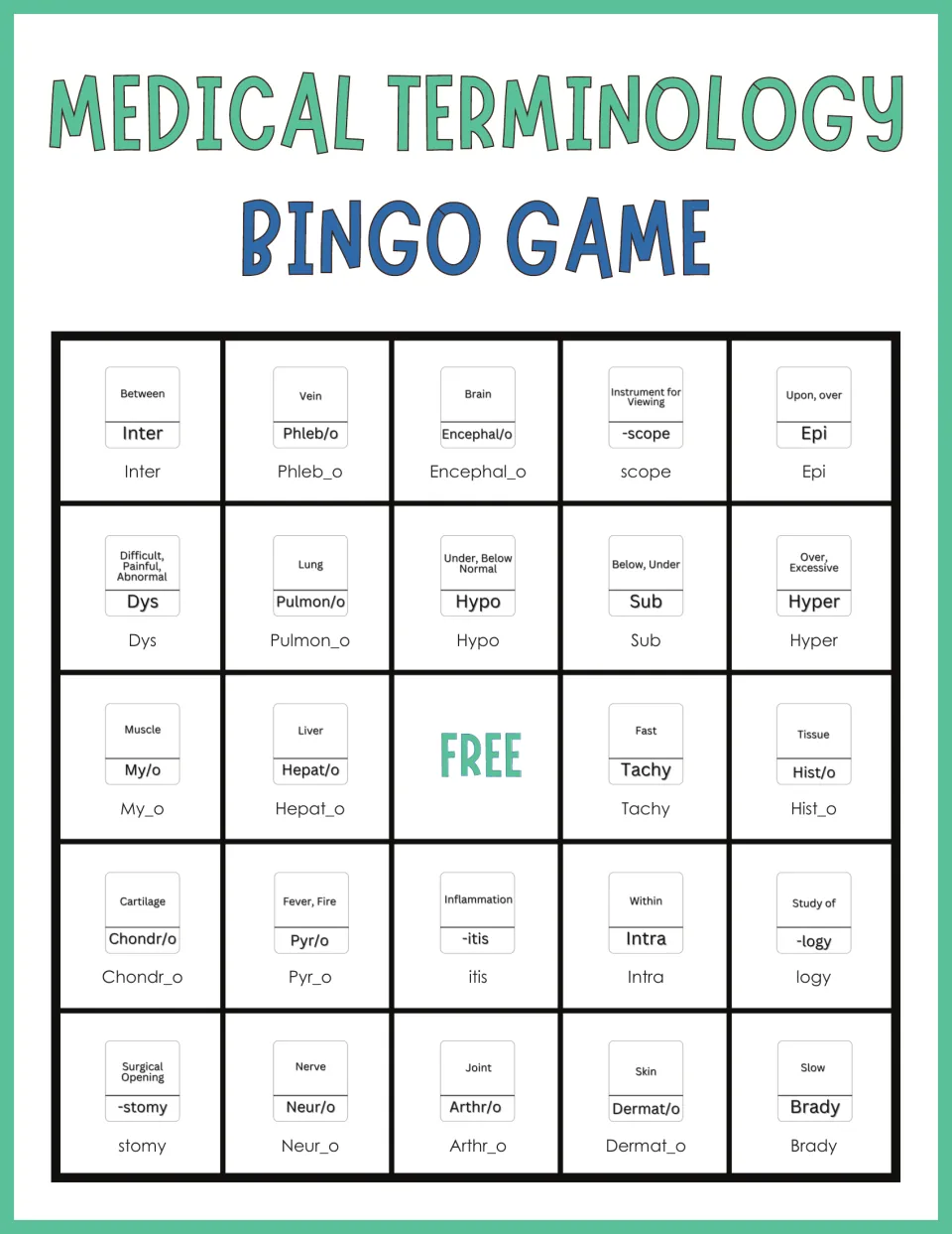 Medical word-part bingo card beginning Inter, Phleb/o, Encephal/o, -scope and Epi, with meanings such as Between and Vein