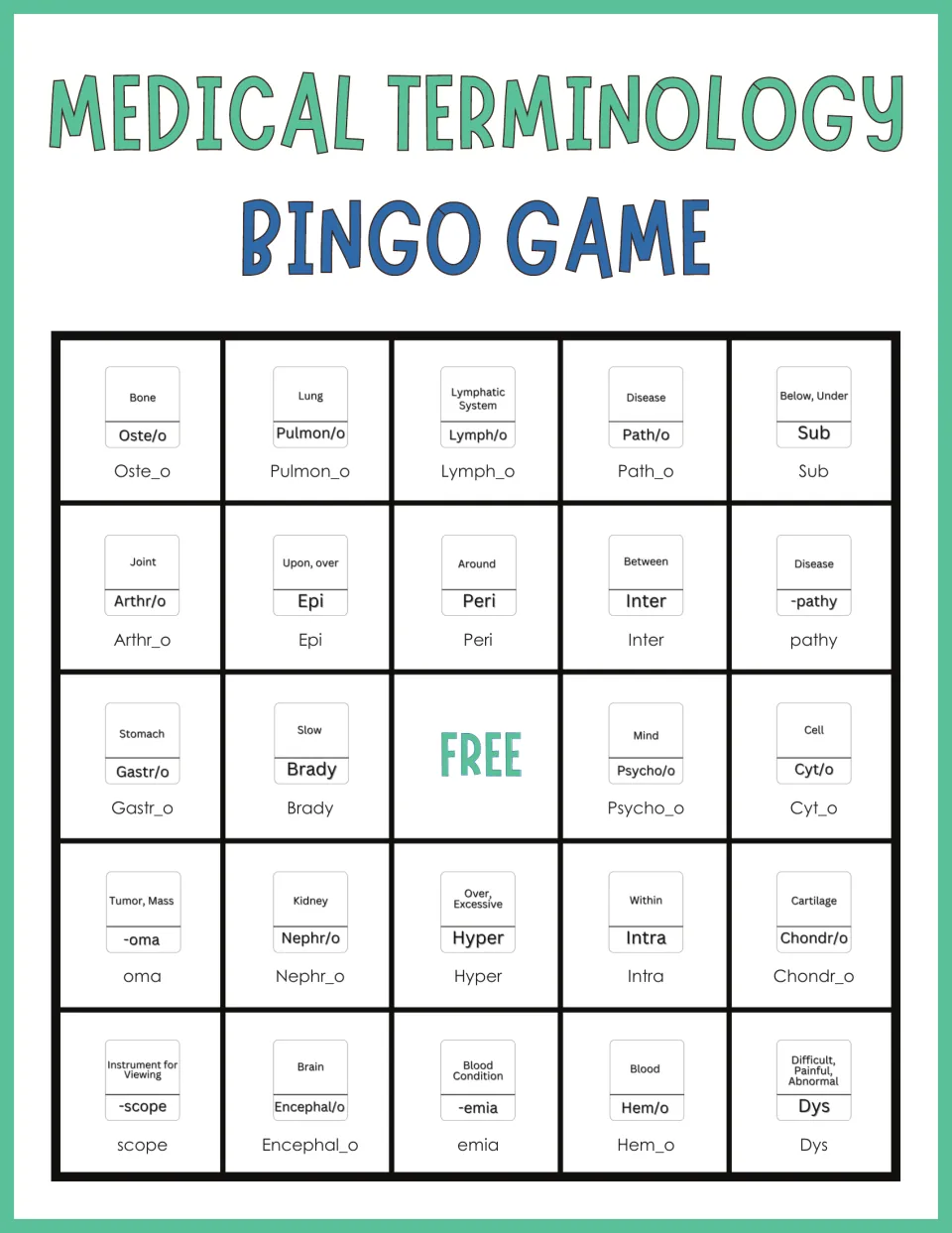 Bingo card of root words and prefixes led by Oste/o, Pulmon/o, Lymph/o, Path/o and Sub, each shown with its meaning