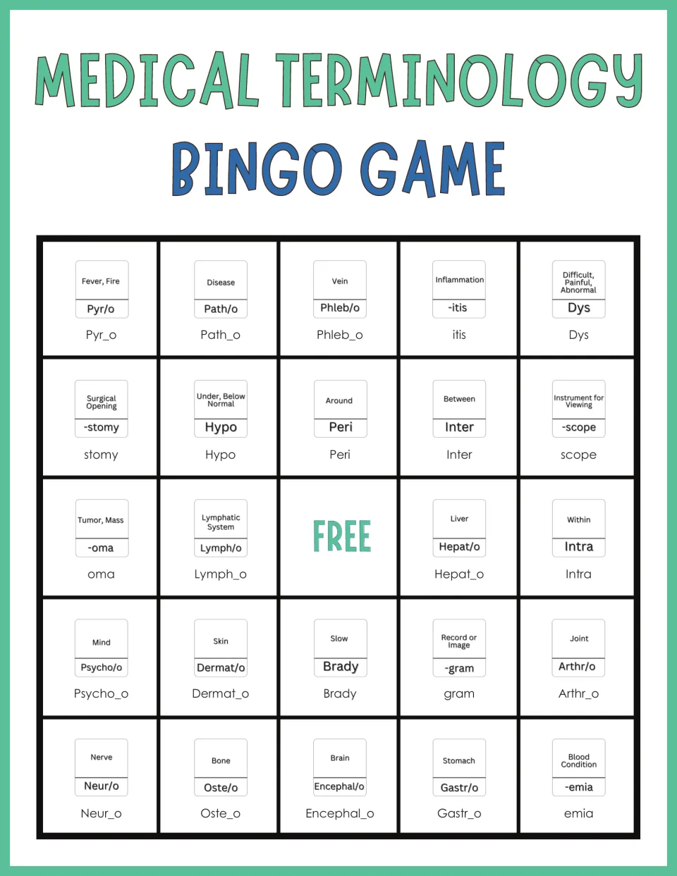 Medical vocabulary bingo card opening with Pyr/o, Path/o, Phleb/o, -itis and Dys; Pyr/o is labeled Fever, Fire
