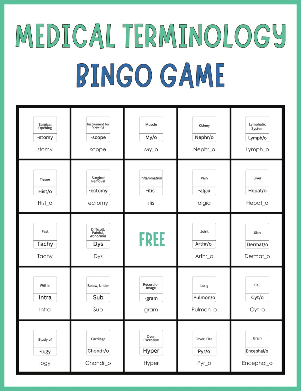 Word-part bingo card starting -stomy, -scope, My/o, Nephr/o and Lymph/o, with meanings like Surgical Opening and Kidney