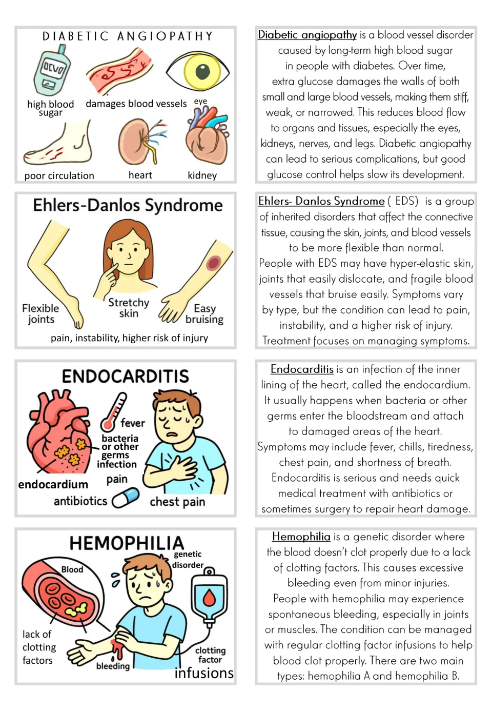 Card pairs for diabetic angiopathy, Ehlers-Danlos syndrome, endocarditis, and hemophilia