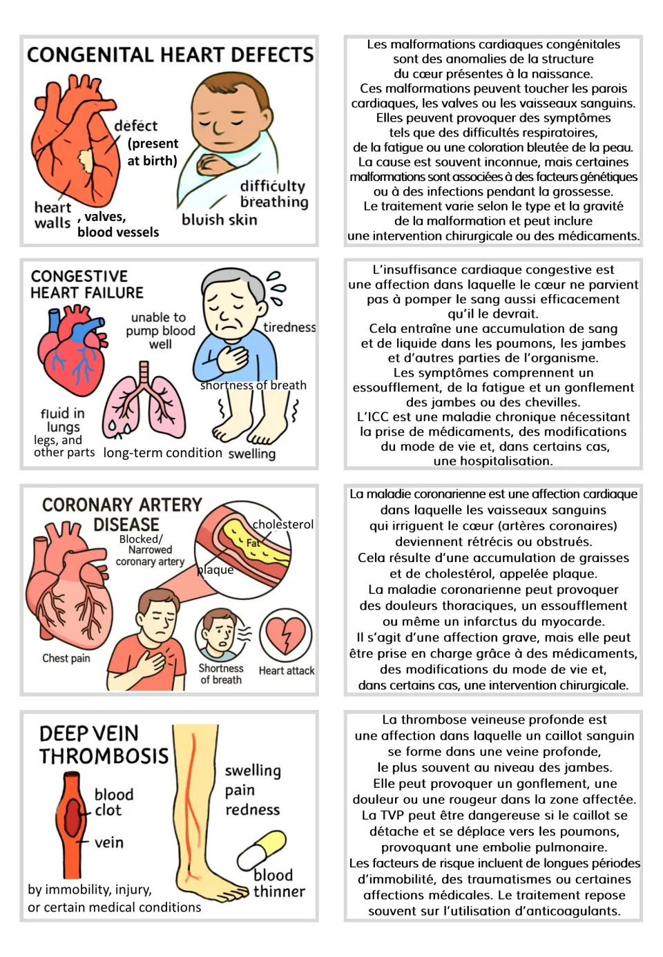 Visual and French text card pairs for congenital heart defects, congestive heart failure, and two more conditions