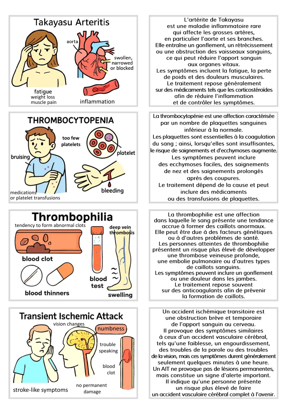 Visual and French text card pairs for Takayasu arteritis, thrombocytopenia, thrombophilia, and one more condition