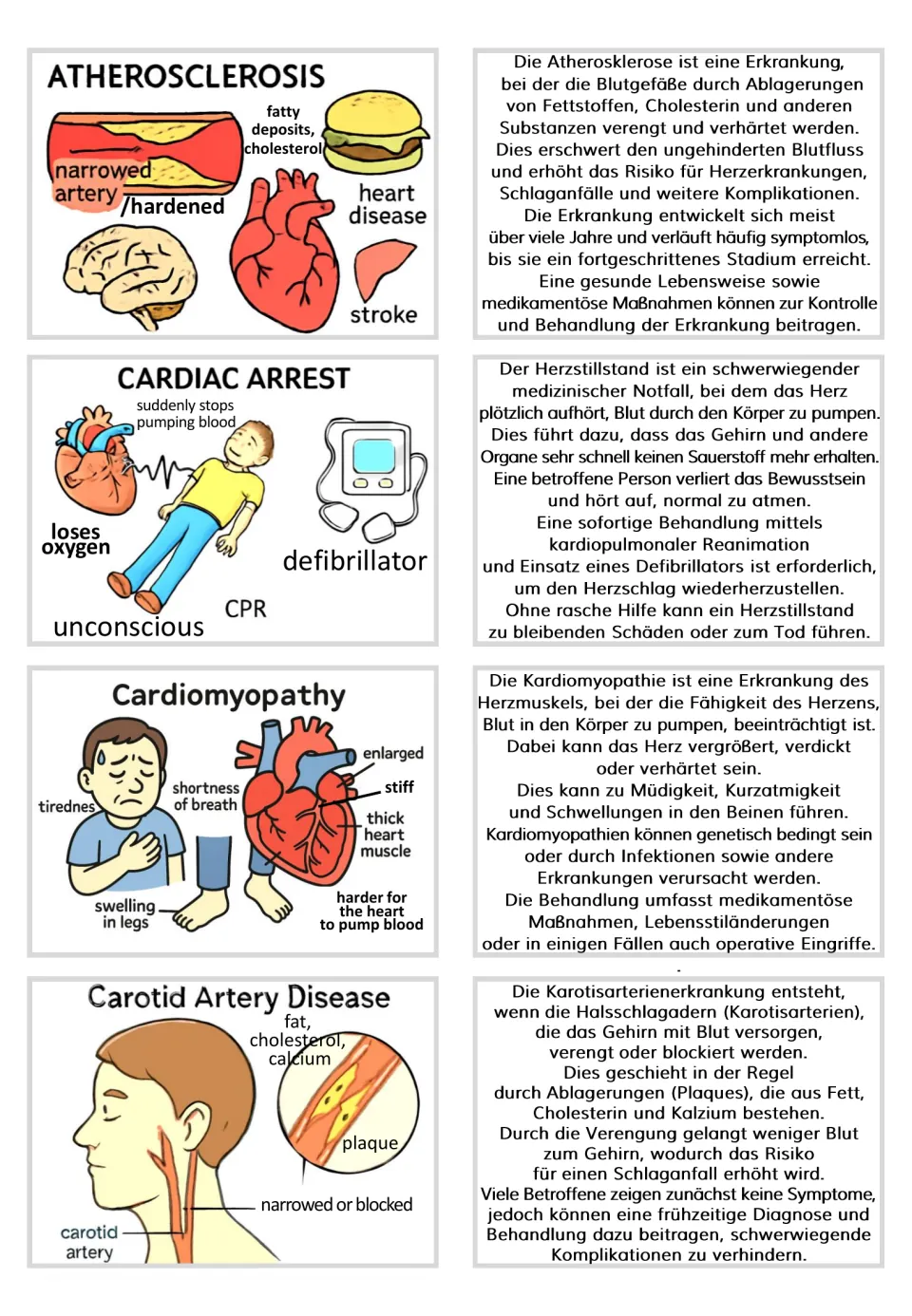Flashcard pairs 5–8: atherosclerosis, cardiac arrest, cardiomyopathy, and carotid artery disease