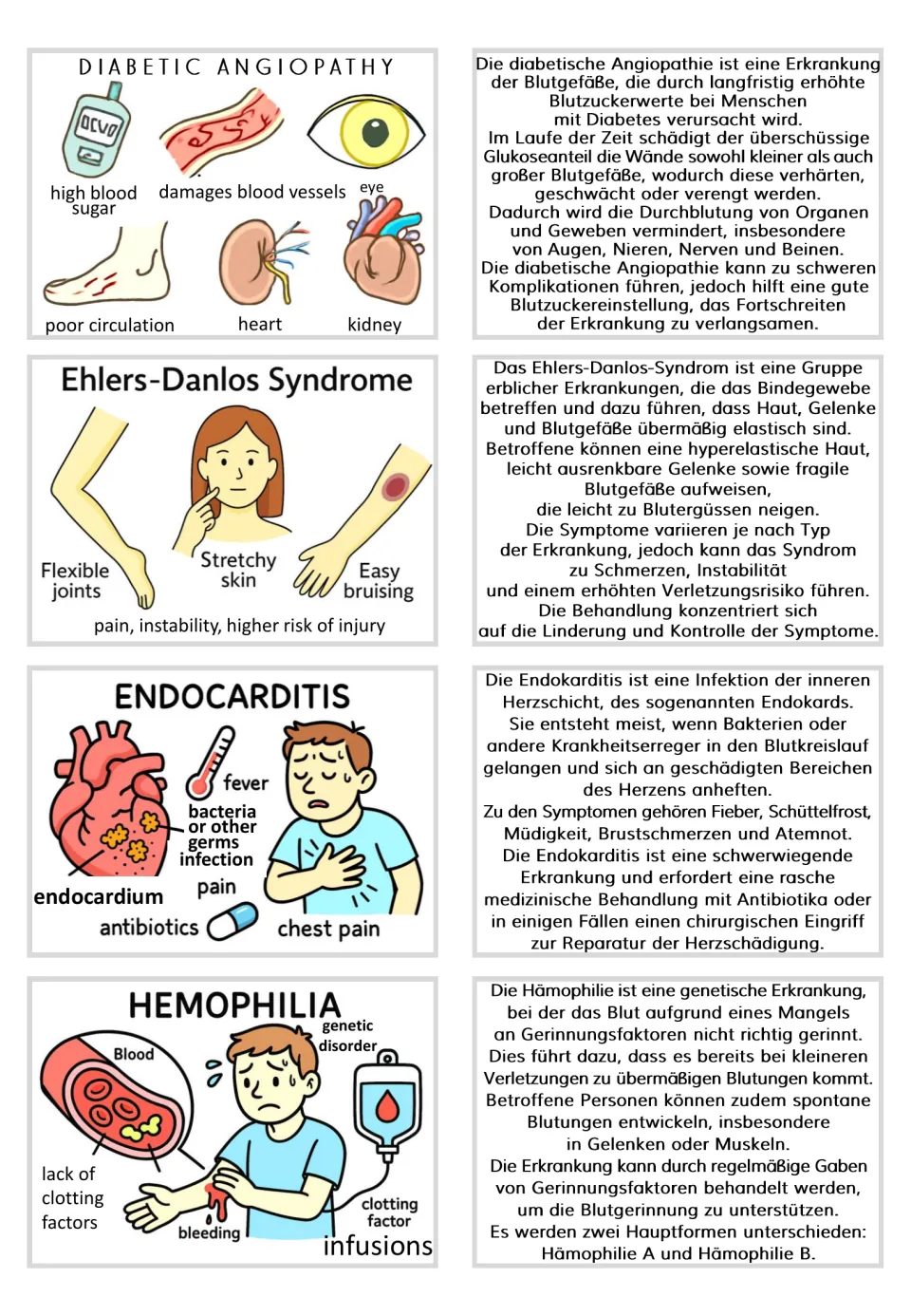 Flashcard pairs 13–16: diabetic angiopathy, Ehlers-Danlos syndrome, endocarditis, and hemophilia