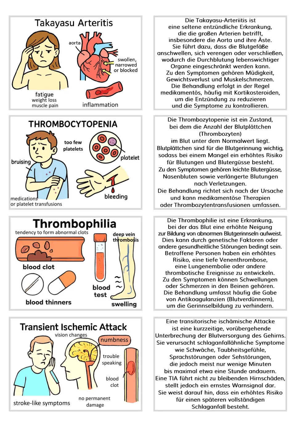 Flashcard pairs 33–36: Takayasu arteritis, thrombocytopenia, thrombophilia, and transient ischemic attack